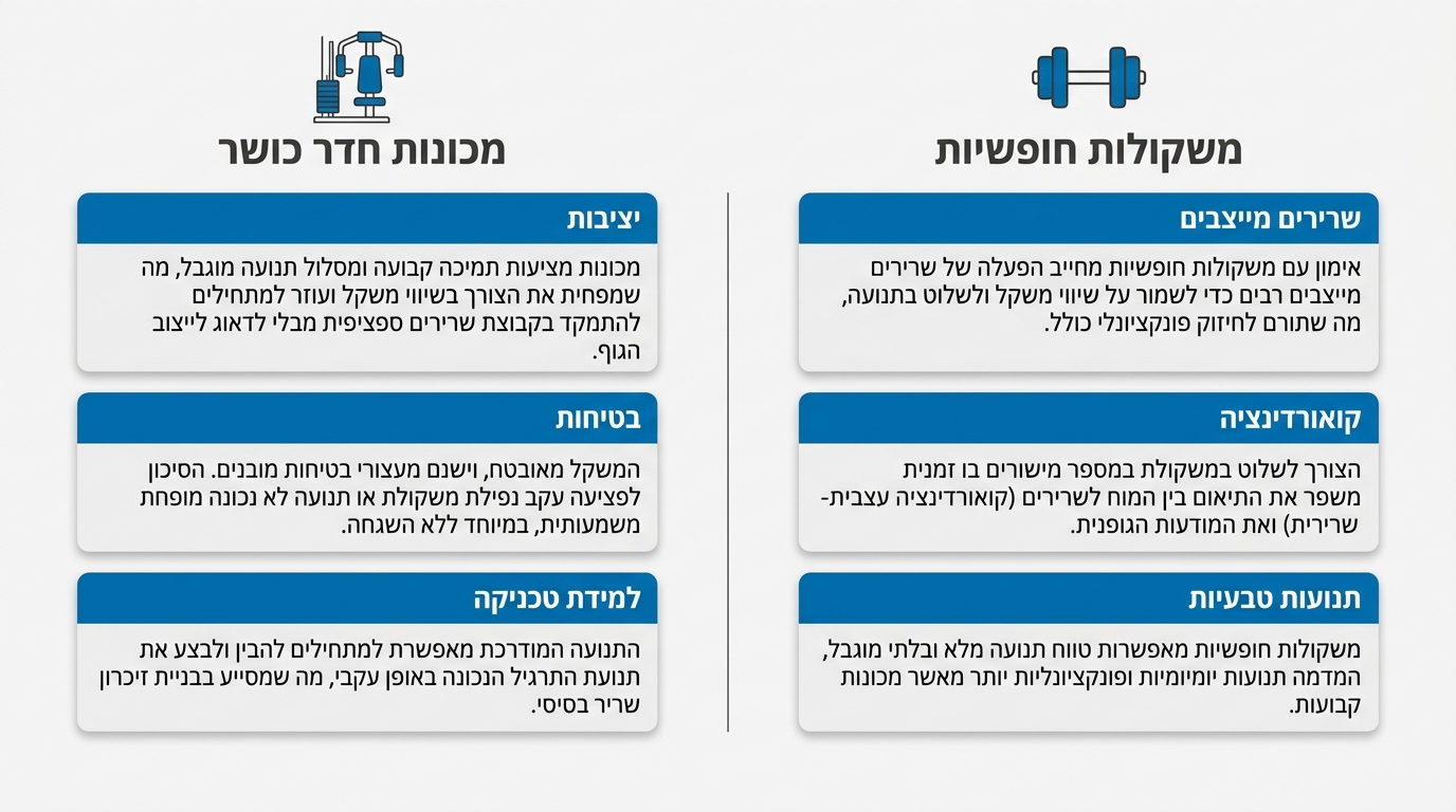 השוואה בין מכונות כושר למשקולות חופשיות למתחילים