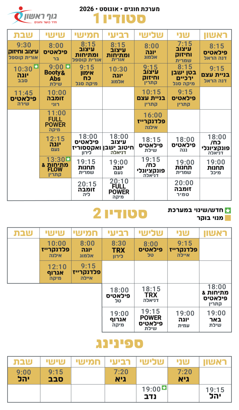לוח חוגים גוף ראשון סטודיו ספינינג אוגוסט