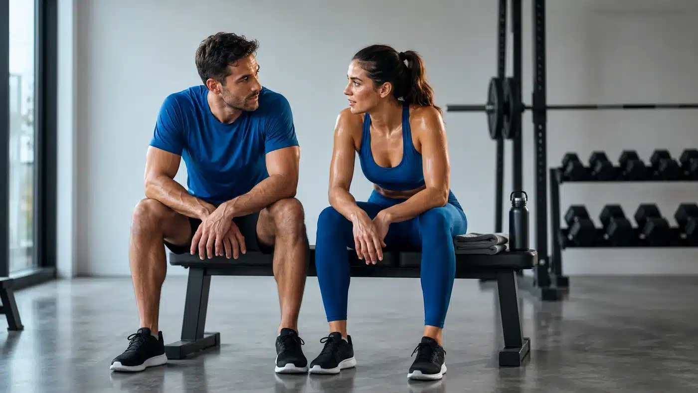 מתאמן ומתאמנת נחים על ספסל לאחר אימון HIIT - שלב ההתאוששות ואפקט EPOC