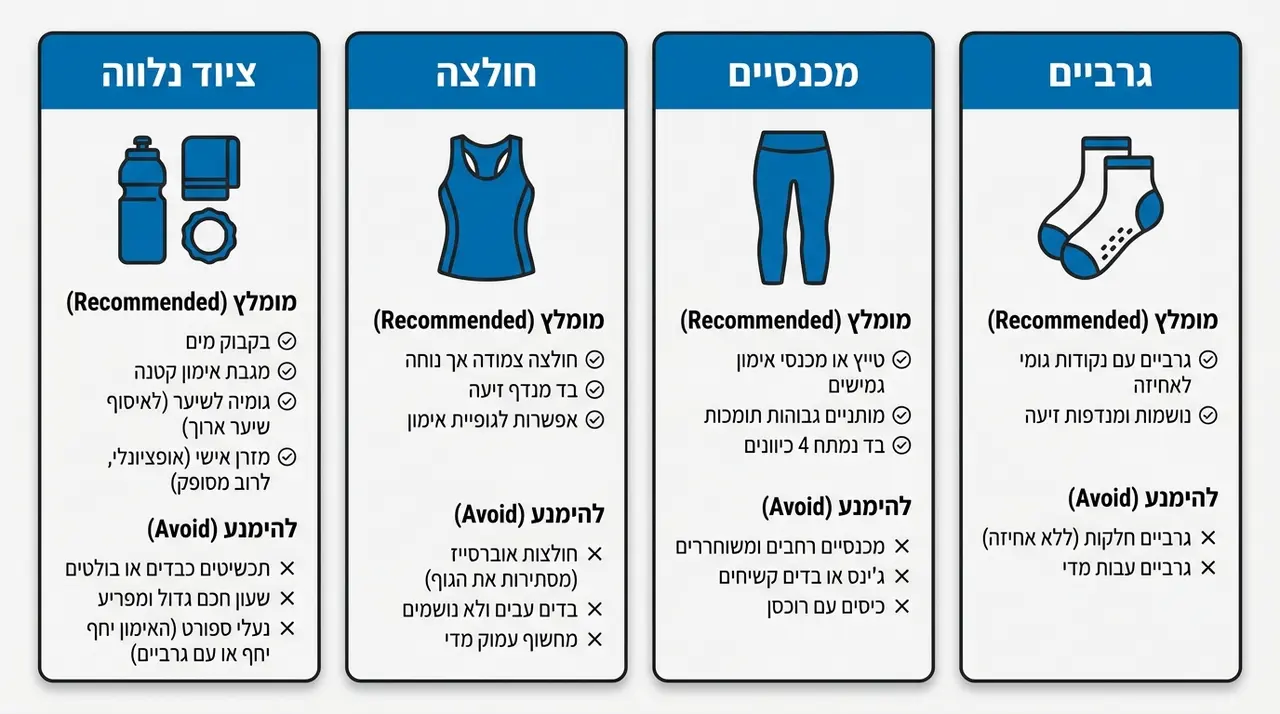 השוואת ציוד ולבוש מומלץ לאימון ראשון על מיטת פילאטיס