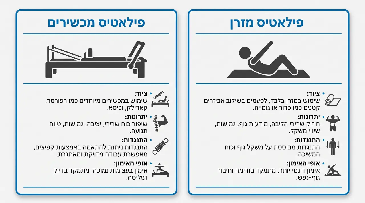 השוואה בין פילאטיס מכשירים לפילאטיס מזרן - מיטת רפורמר מול מזרן תרגול